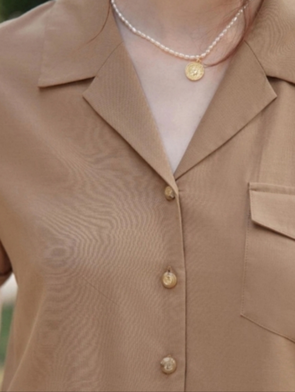 Classic Short-Sleeve Camp Collar Blouse in Light Brown